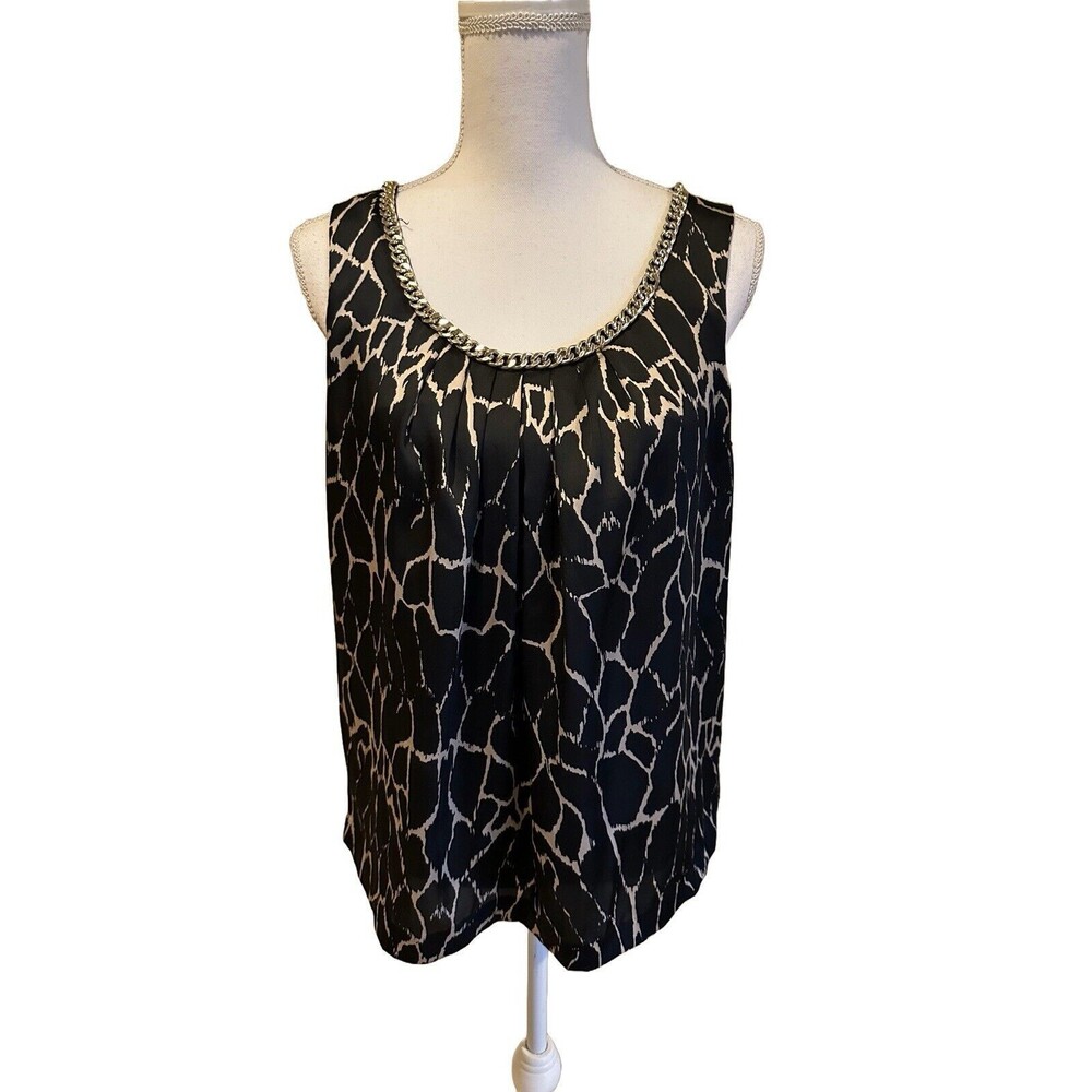 DANA BUCHMAN Women's M Giraffe Animal Print Satin Tank Blouse Sleeveless Chain